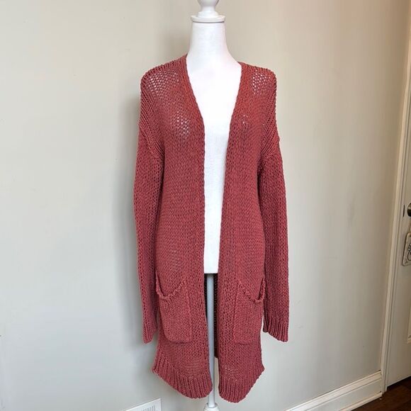 Free People Women's Open-Front Knit long Cardigan Sweater - Pink size large - Picture 1 of 6